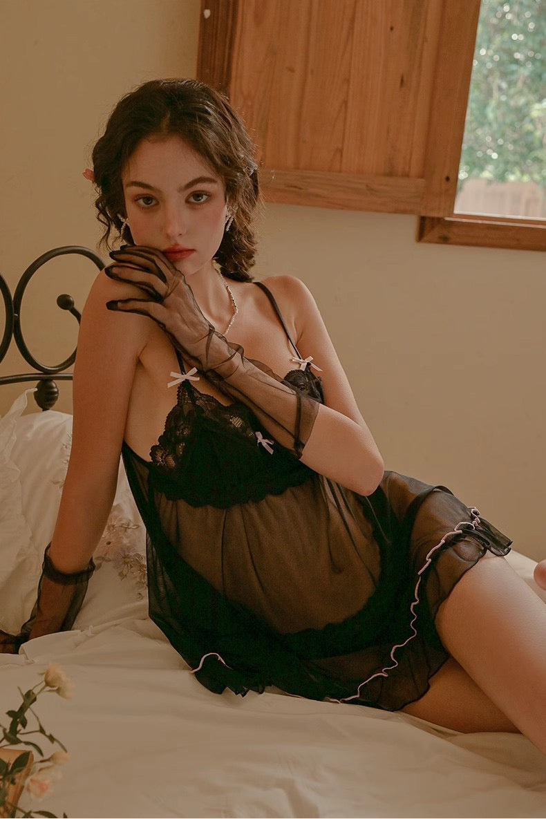 Malvinia Cute Ribbon Babydoll Lingerie (Black)