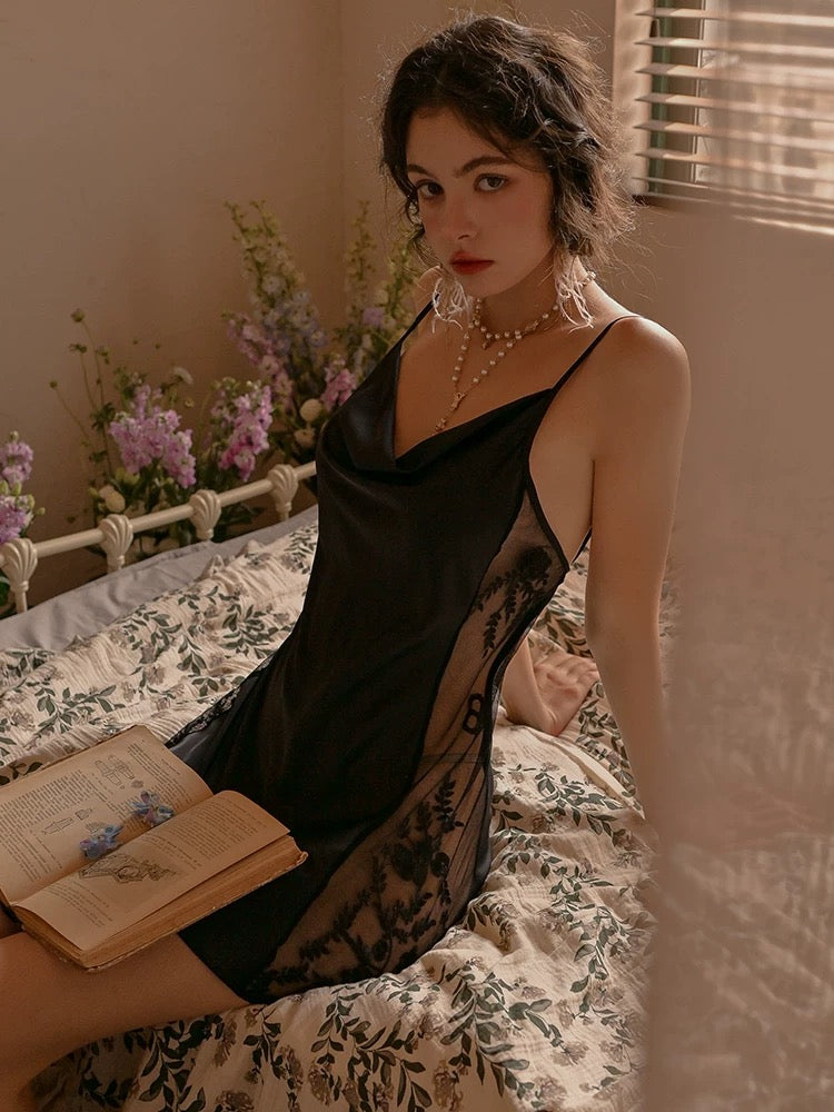 Gracie Side Sheer Nightdress (Black)