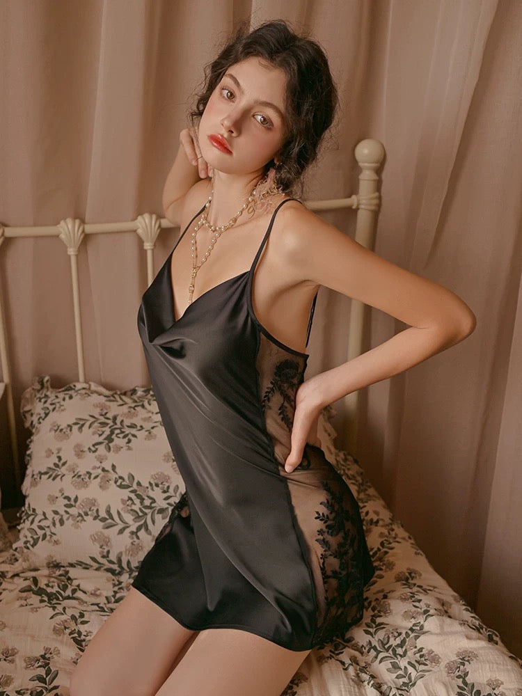 Gracie Side Sheer Nightdress (Black)