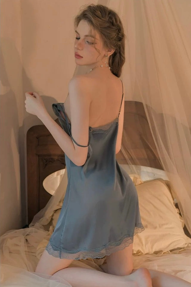 Ollie Lace Trim Nightdress Set (Greyish Blue)