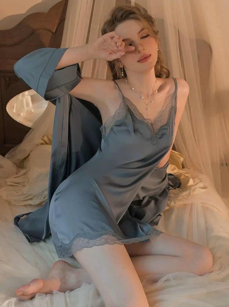 Ollie Lace Trim Nightdress Set (Greyish Blue)
