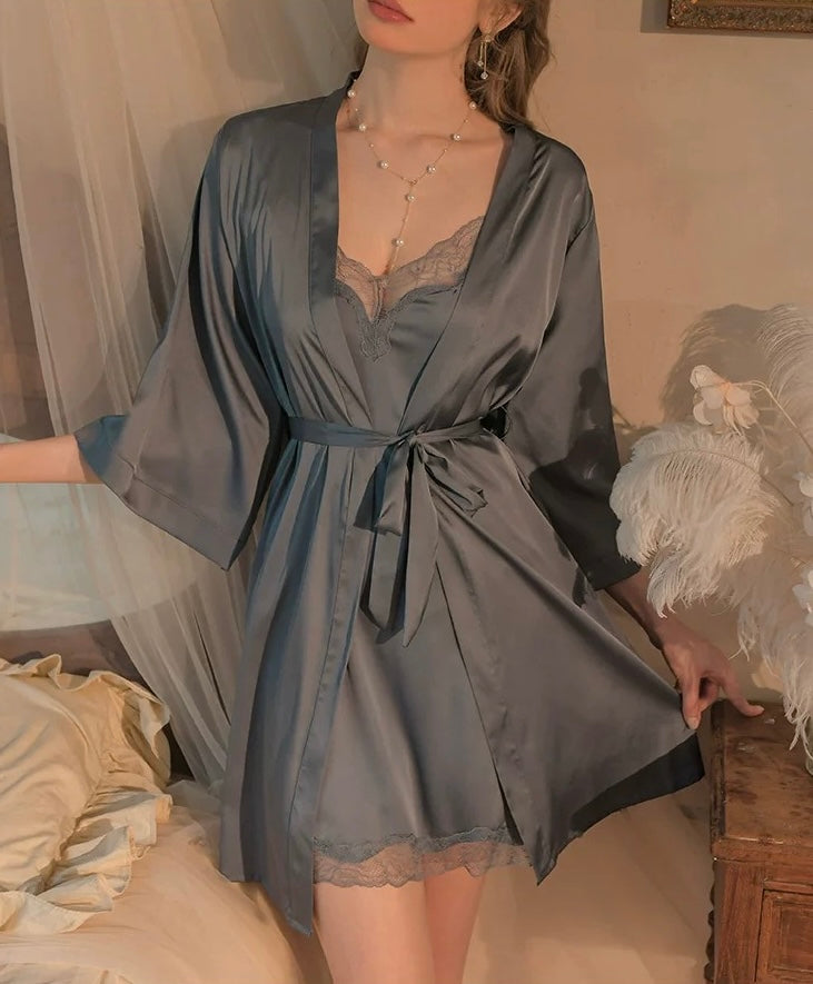 Ollie Lace Trim Nightdress Set (Greyish Blue)