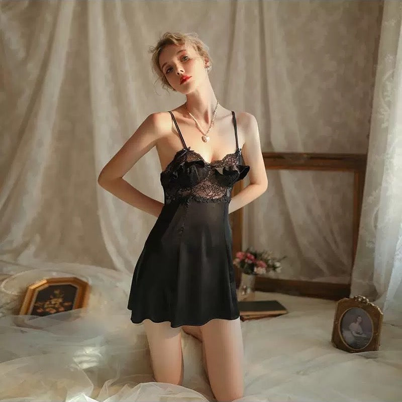 Fay Ruffle Lace Nightdress (Black)