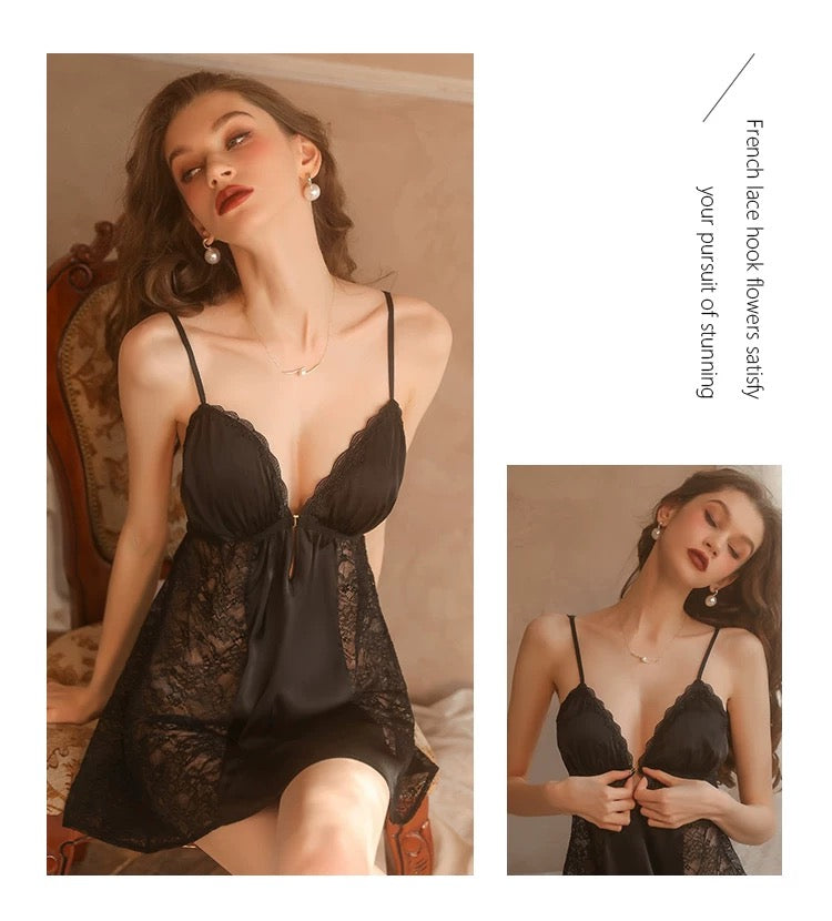 Juliette Lace Trim Padded Nightdress Set (Black)