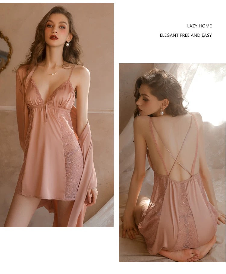 Juliette Lace Trim Padded Nightdress Set (Pink)