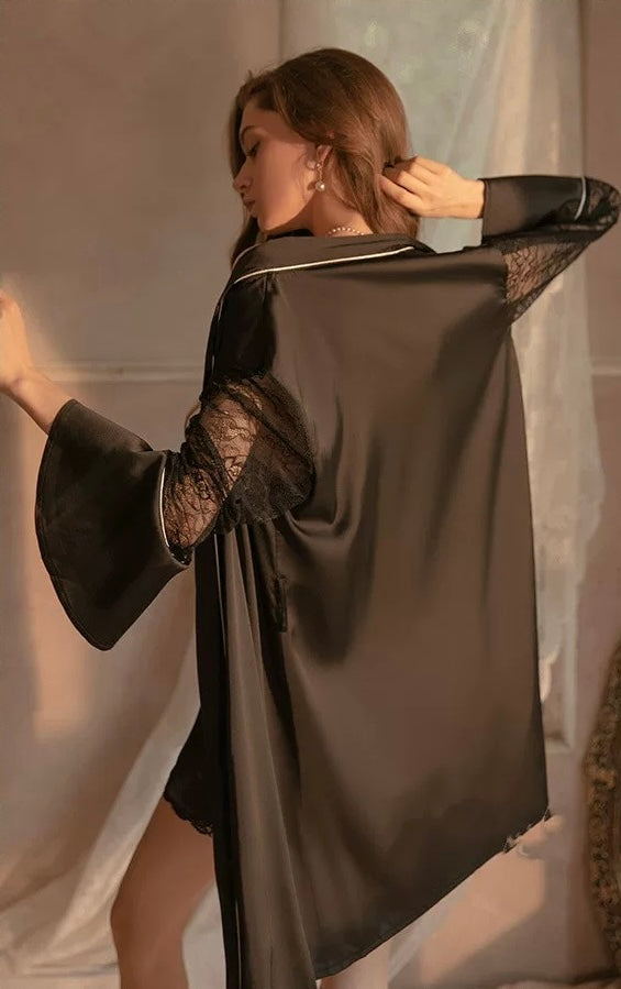 Maya Lace Trim Padded Nightdress Set (Black)