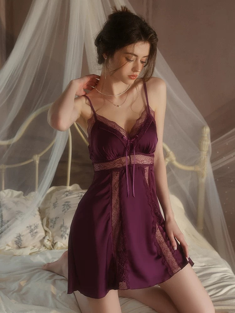 Giselle Lace Trim Padded Nightdress Set (Mulberry)