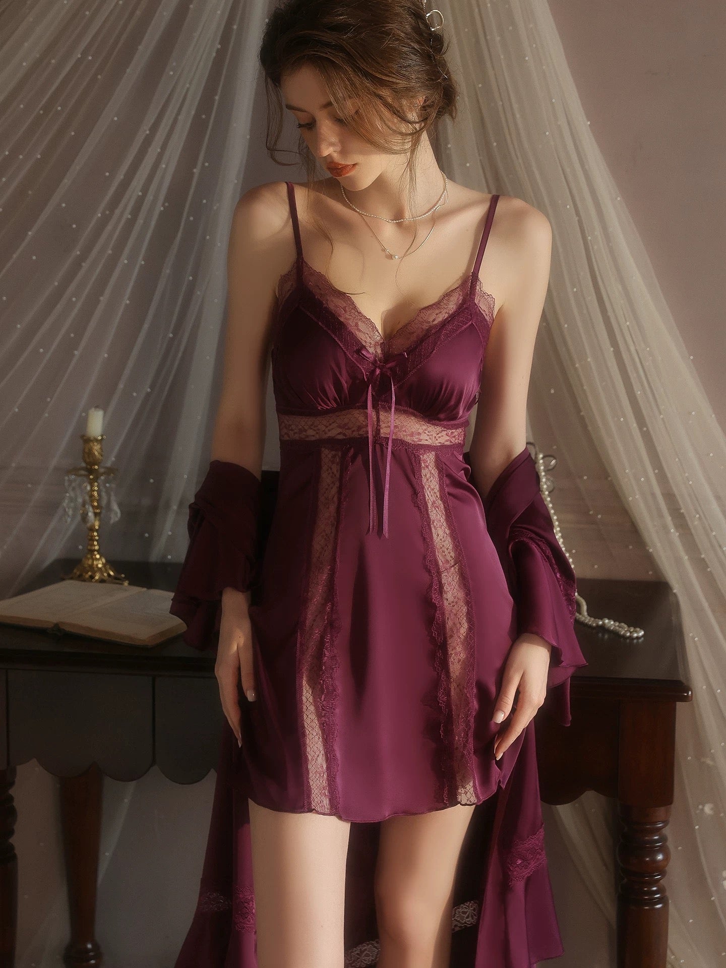 Giselle Lace Trim Padded Nightdress Set (Mulberry)