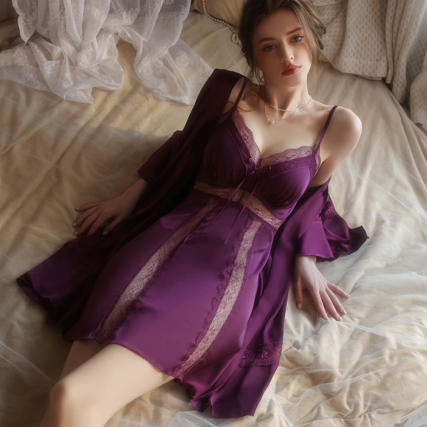 Giselle Lace Trim Padded Nightdress Set (Mulberry)