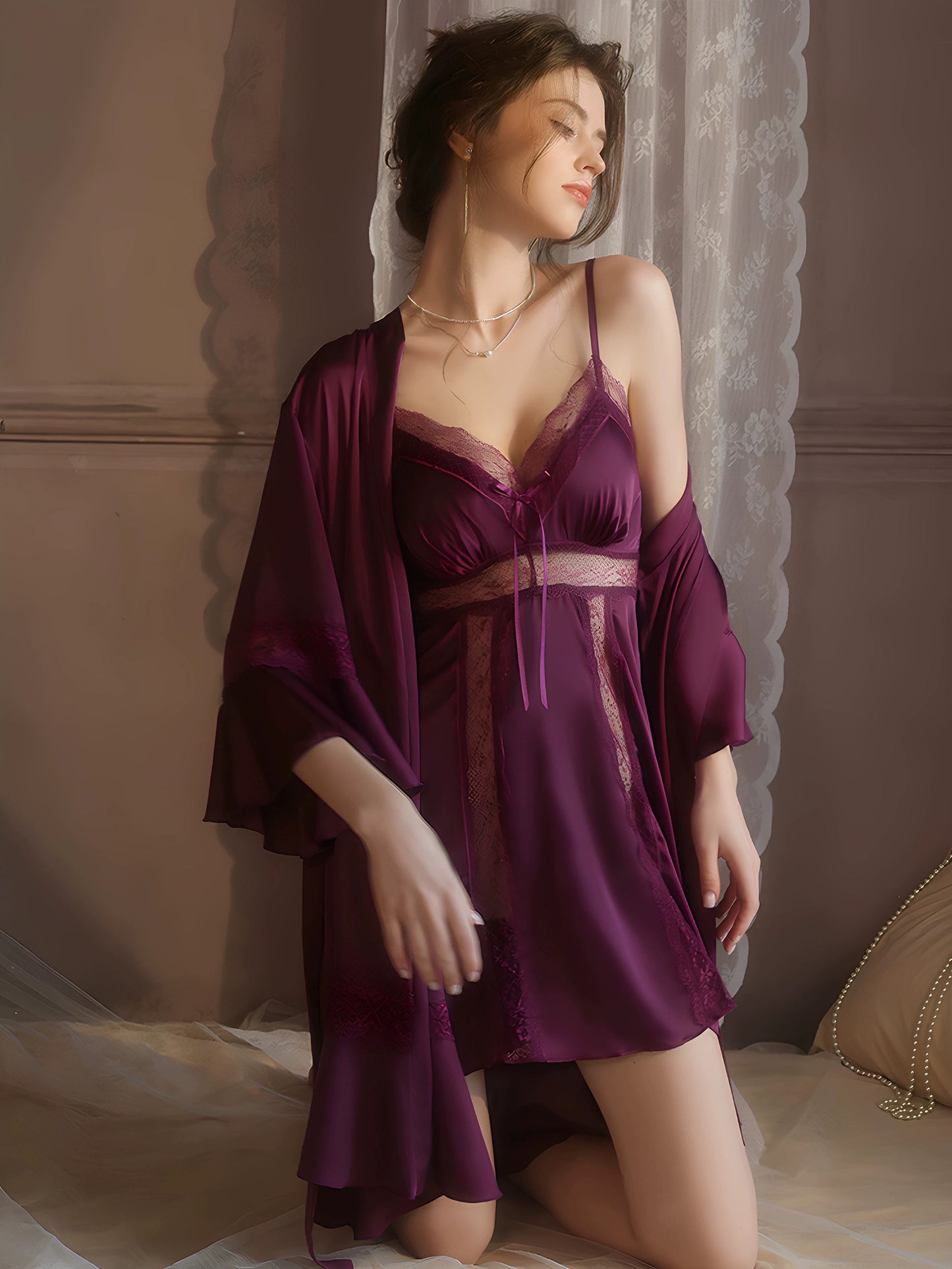 Giselle Lace Trim Padded Nightdress Set (Mulberry)