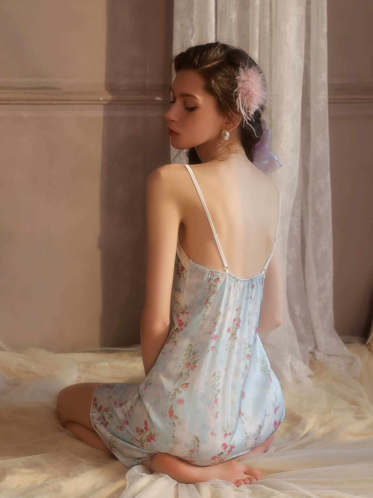 Tessa Floral Tie Padded Nightdress (Blue)