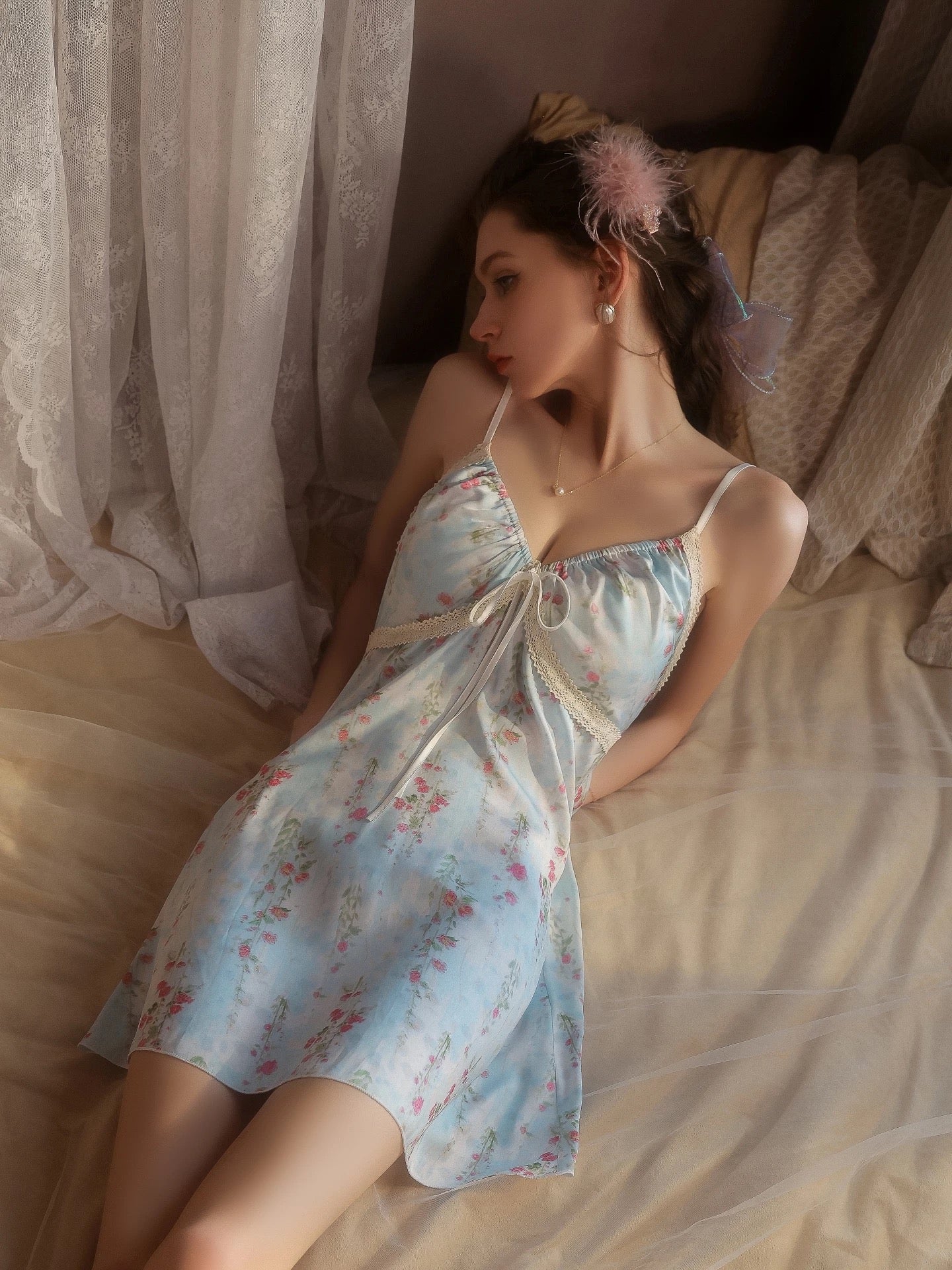 Tessa Floral Tie Padded Nightdress (Blue)