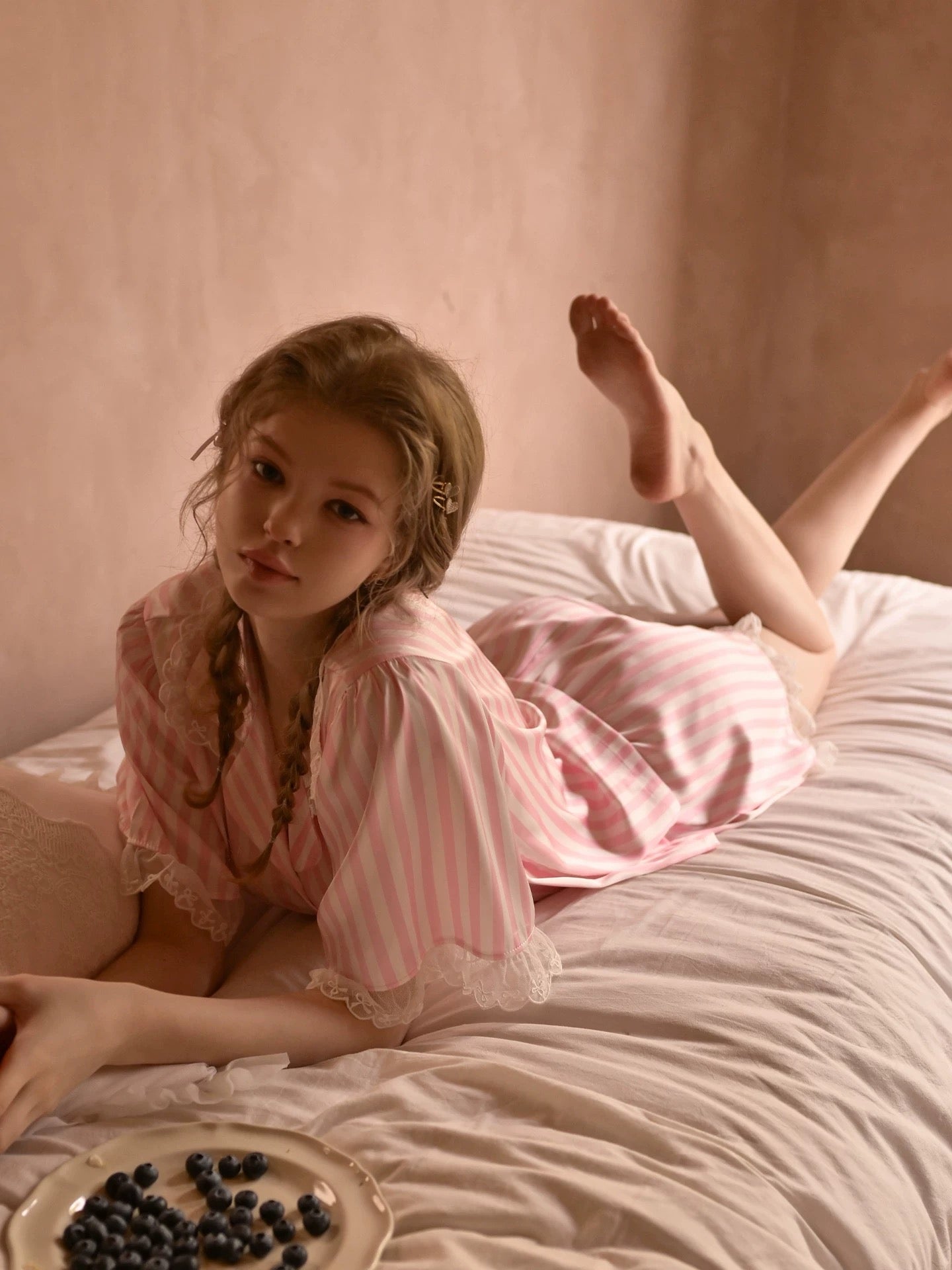 Serena Lace Trim Stripe Set (Pink)