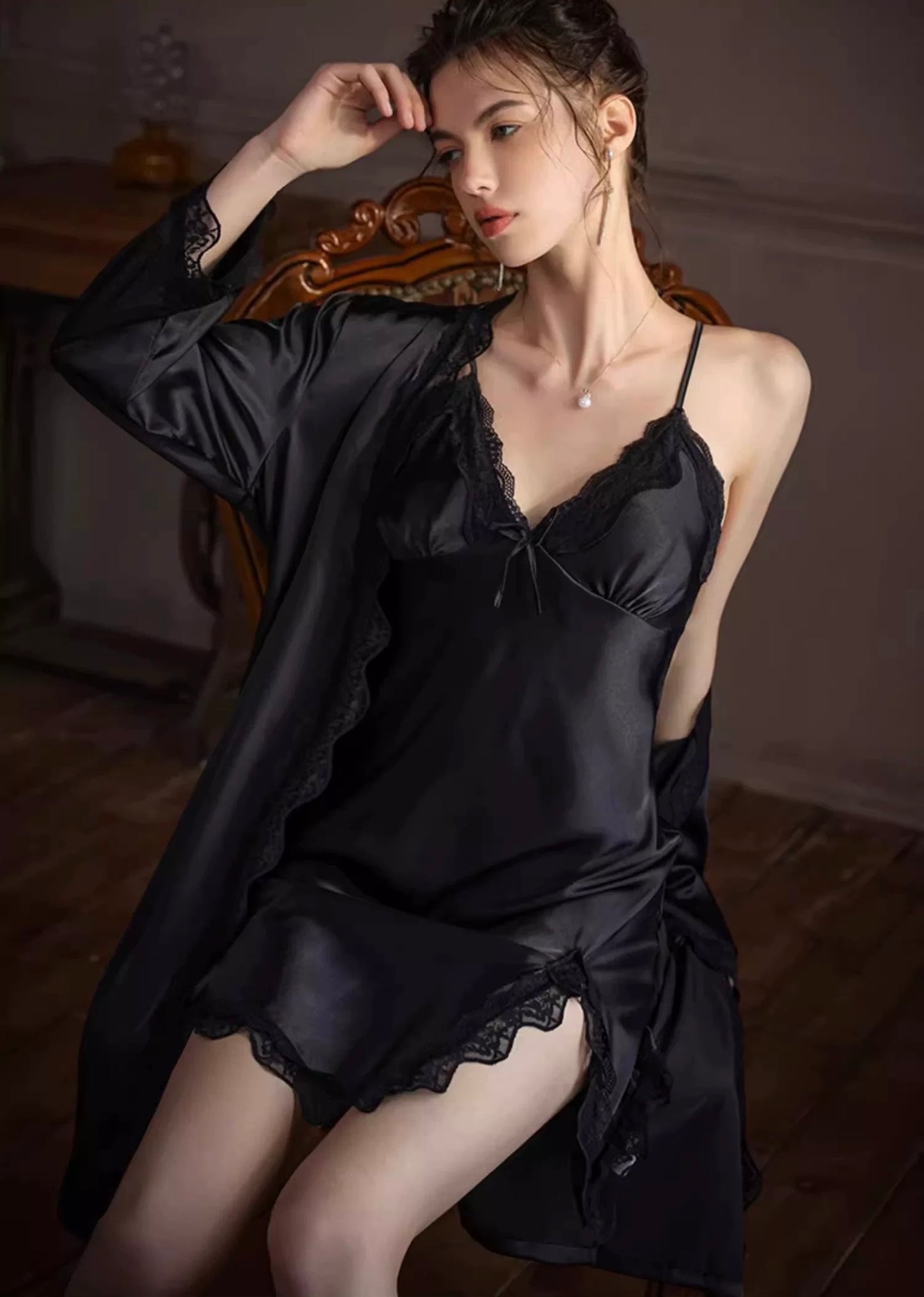 Leah Versatile Padded Lace Trim Nightdress (Black)