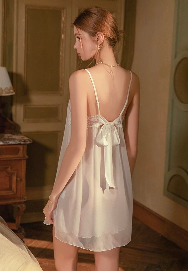 Jael Lace Trim Organza Nightdress (White)