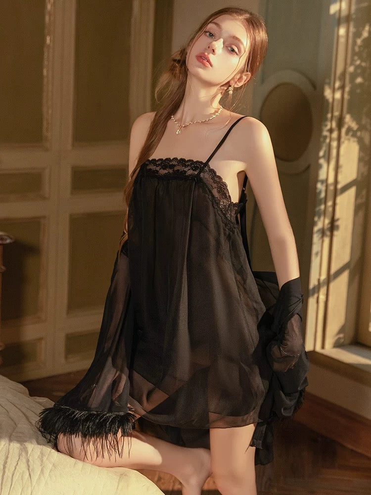 Jael Lace Trim Organza Nightdress (Black)