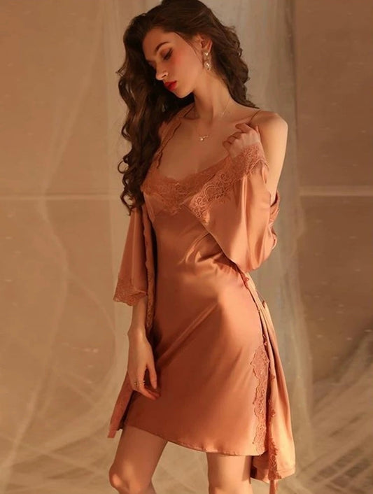 Xixili Lace Trim Padded Nightdress Set (RosePink)