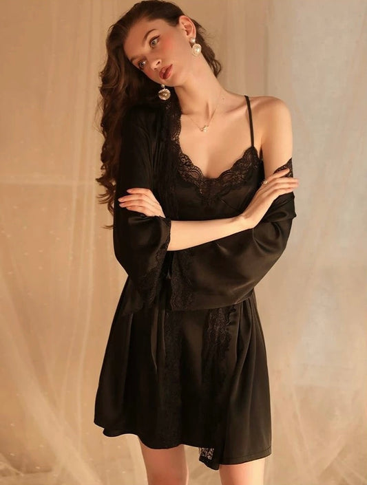 Xixili Lace Trim Padded Nightdress Set (Black)