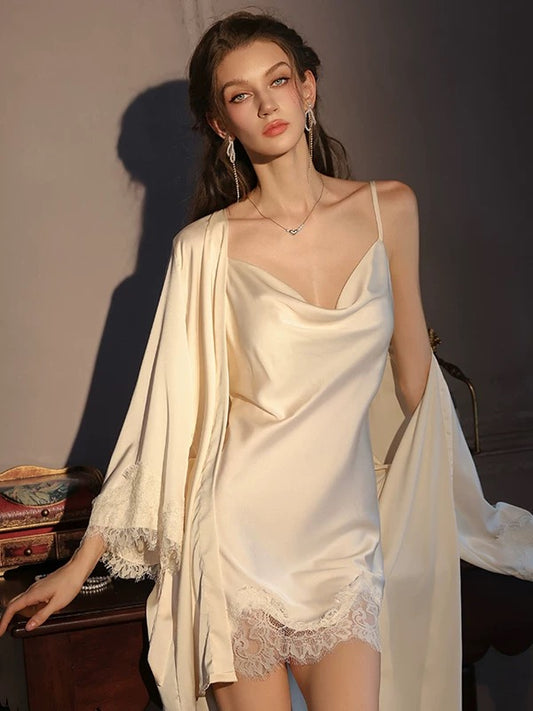 Darlia Lace Trim Nightdress Set (Champagne)