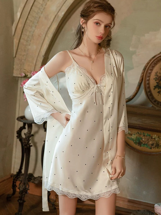 Zoey Polkadot Padded Nightdress Set (White)