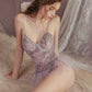 Isabelle Floral Embroidery Bodysuit Lingerie (Purple)