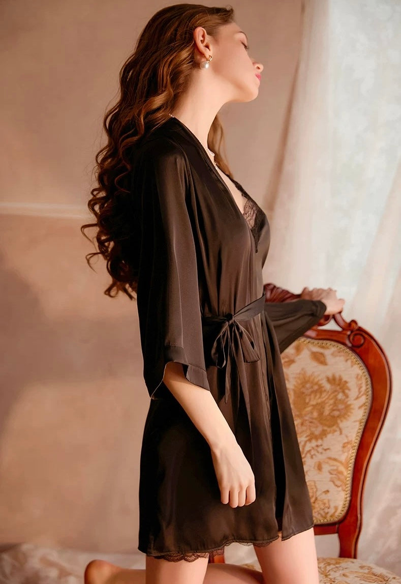 Ollie Lace Trim Nightdress Set (Black)