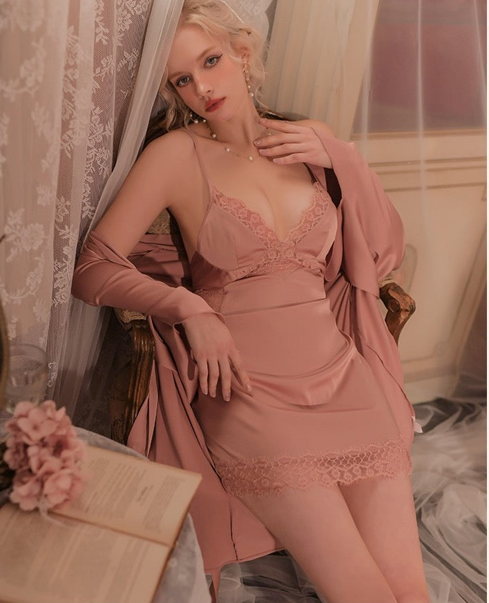 Jesse V Neck Lace Nightdress Set (Pink)