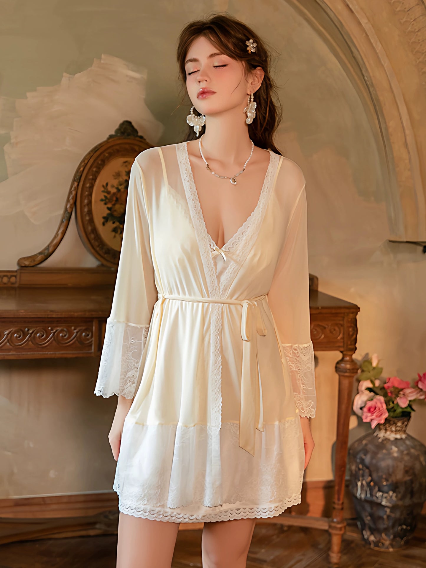 Joanne Printing Lace Trim Padded Set (Cream)