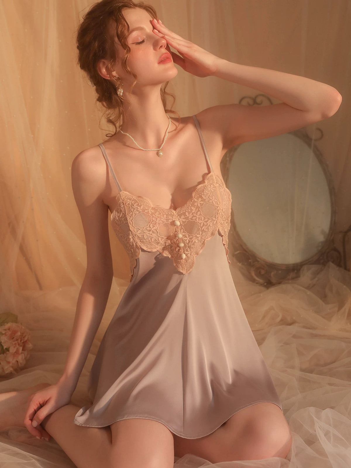Selina Lace Trim Crossback Nightdress Set (Purple)