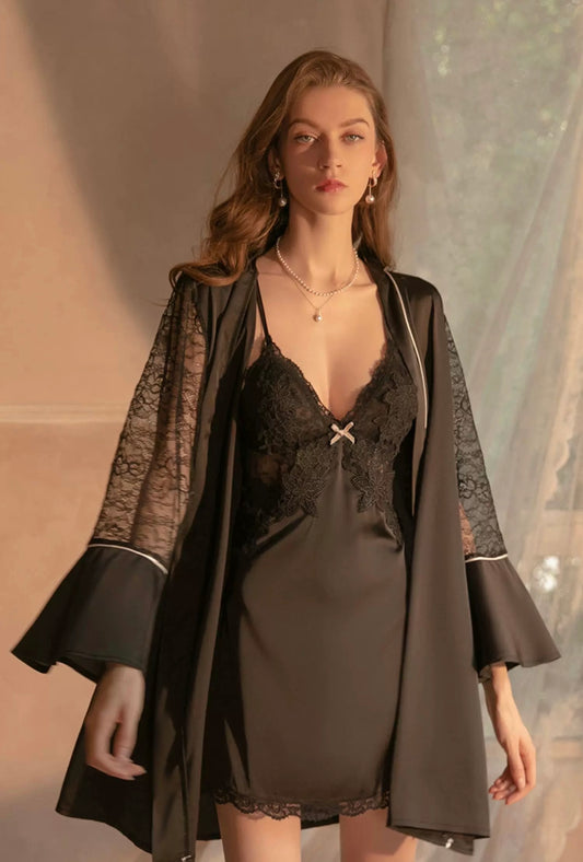 Maya Lace Trim Padded Nightdress Set (Black)