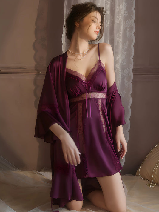 Giselle Lace Trim Padded Nightdress Set (Mulberry)